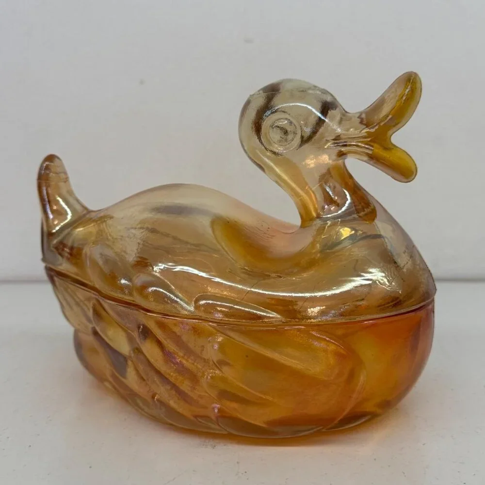 Jeanette Duck Powder Dish Iridescent Amber Glass Trinket Mamma Quack 1940's